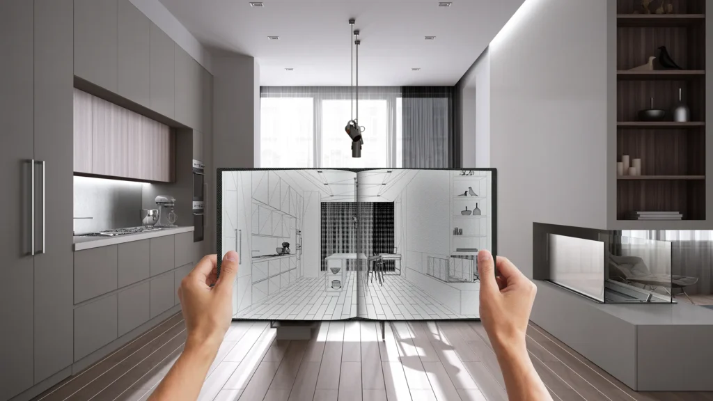 Handsholding tablet with digital plans for room rennovation