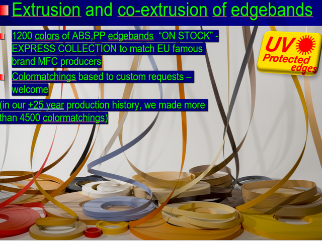 Plastic edgebands, levellers, cabinet hangers, profiles