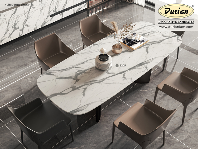Durian Decorative Laminates: Marble-Finish Dining Ambience