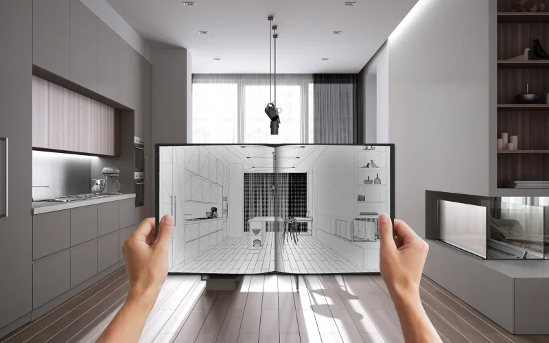 Handsholding tablet with digital plans for room rennovation