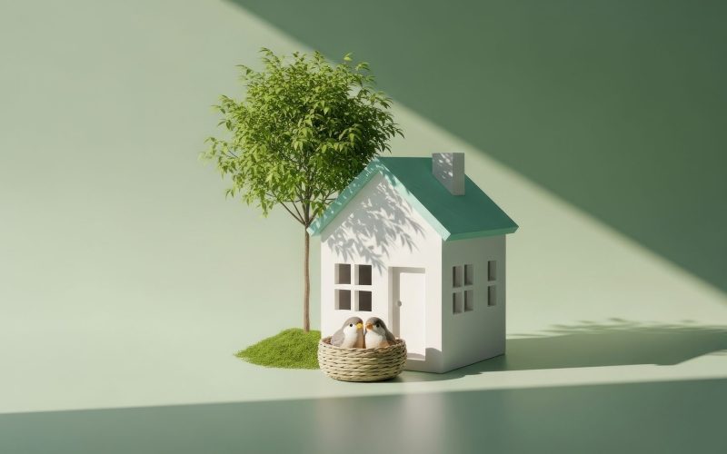 A miniature white house with a green roof and a small tree beside it sits on a smooth green surface. The scene is lit with soft, natural lighting, creating subtle shadows. This composition utilizes a clean aesthetic, ideal for various commercial and editorial applications such as real estate concepts, eco-friendly living, and property investment.